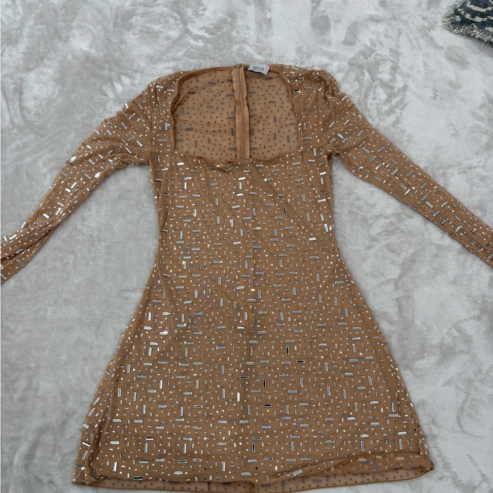 Oh Polly Tan Mesh Mini Dress with Silver Sequin Detail